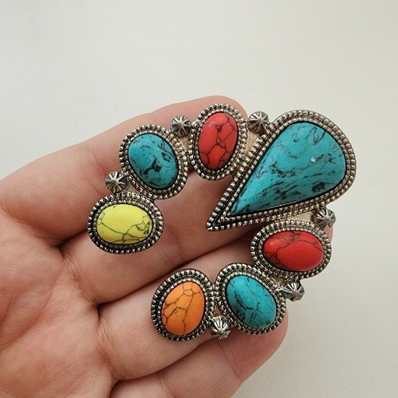 NEW Bohemian Statement Turquoise Multicolor Stone Silver Ring Adjustable - Picture 5 of 8